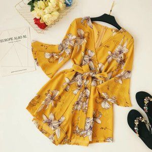 V-Neck Flower Flared-Cuff Mustard Yellow Playsuit